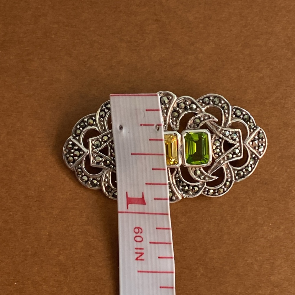 Vintage Sterling Silver Amethyst Citrine Peridot & Marcasite Brooch Pin - Picture 11 of 11
